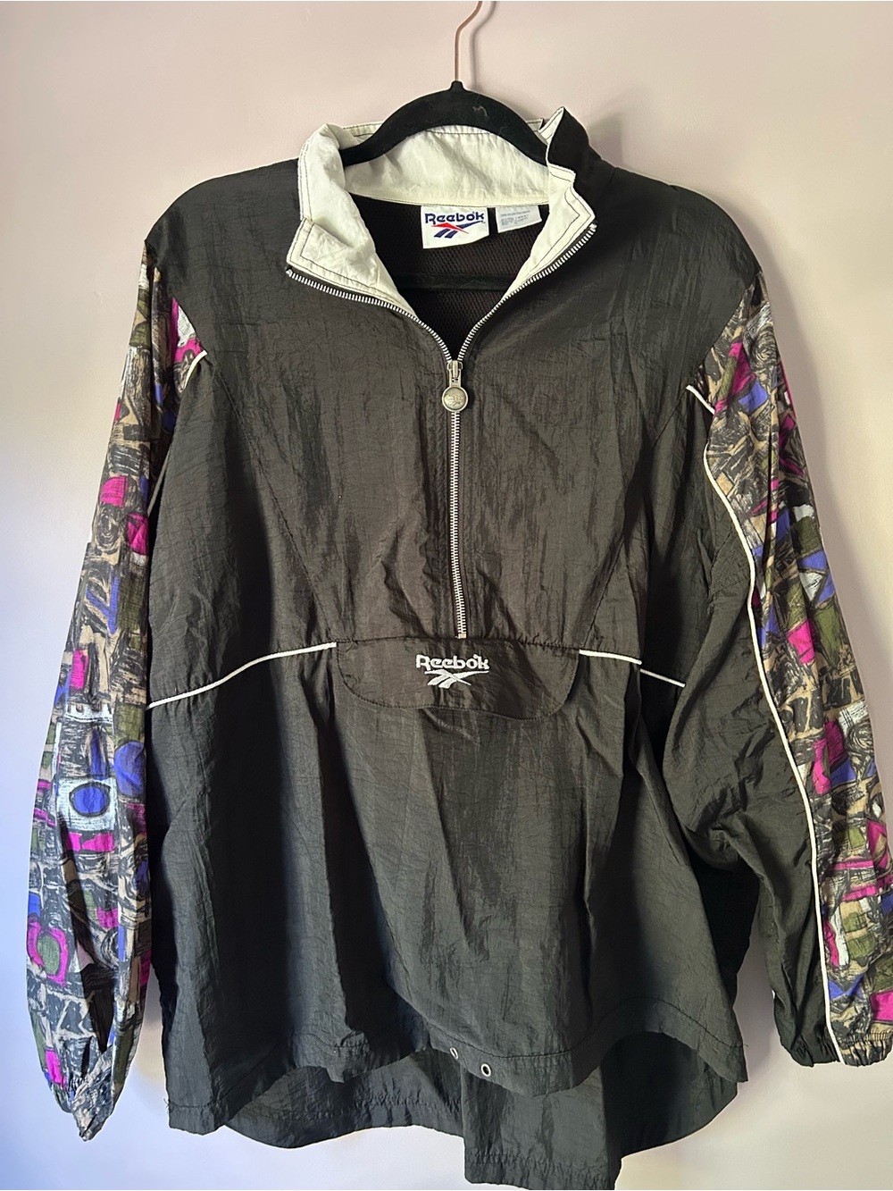Vintage Reebok Black Anorak Pullover Windbreaker with Patterned Accent Sleeves
